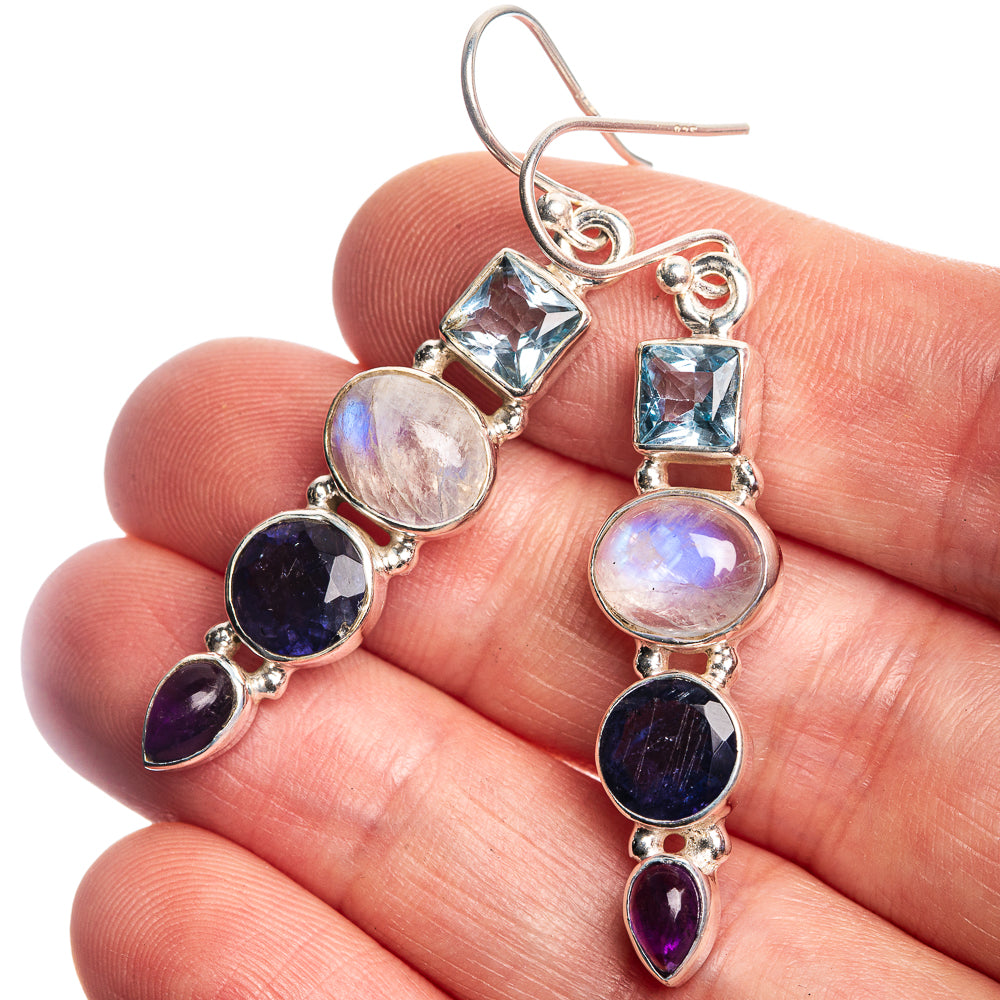 Rainbow Moonstone, Blue Topaz, Tanzanite, Amethyst 925 Sterling Silver Earrings 1 7/8"