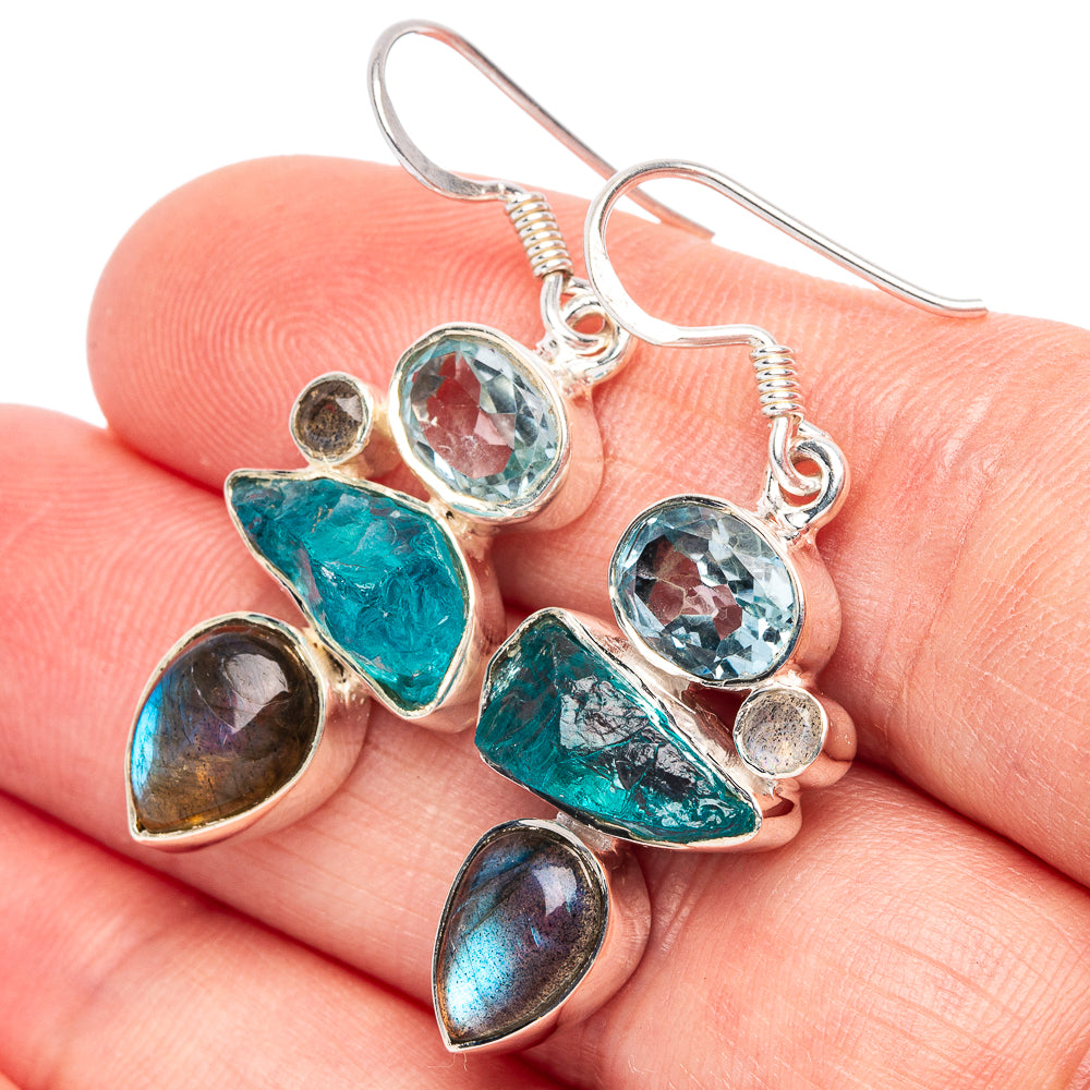 Blue Fluorite, Labradorite, Blue Topaz 925 Sterling Silver Earrings 1 5/8" (925 Sterling Silver) E2150