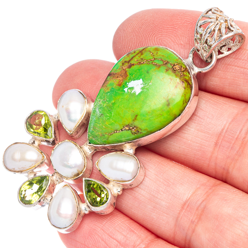 Green Copper Composite Turquoise, Peridot, Cultured Pearl Pendant 2 1/4" (925 Sterling Silver) P40107