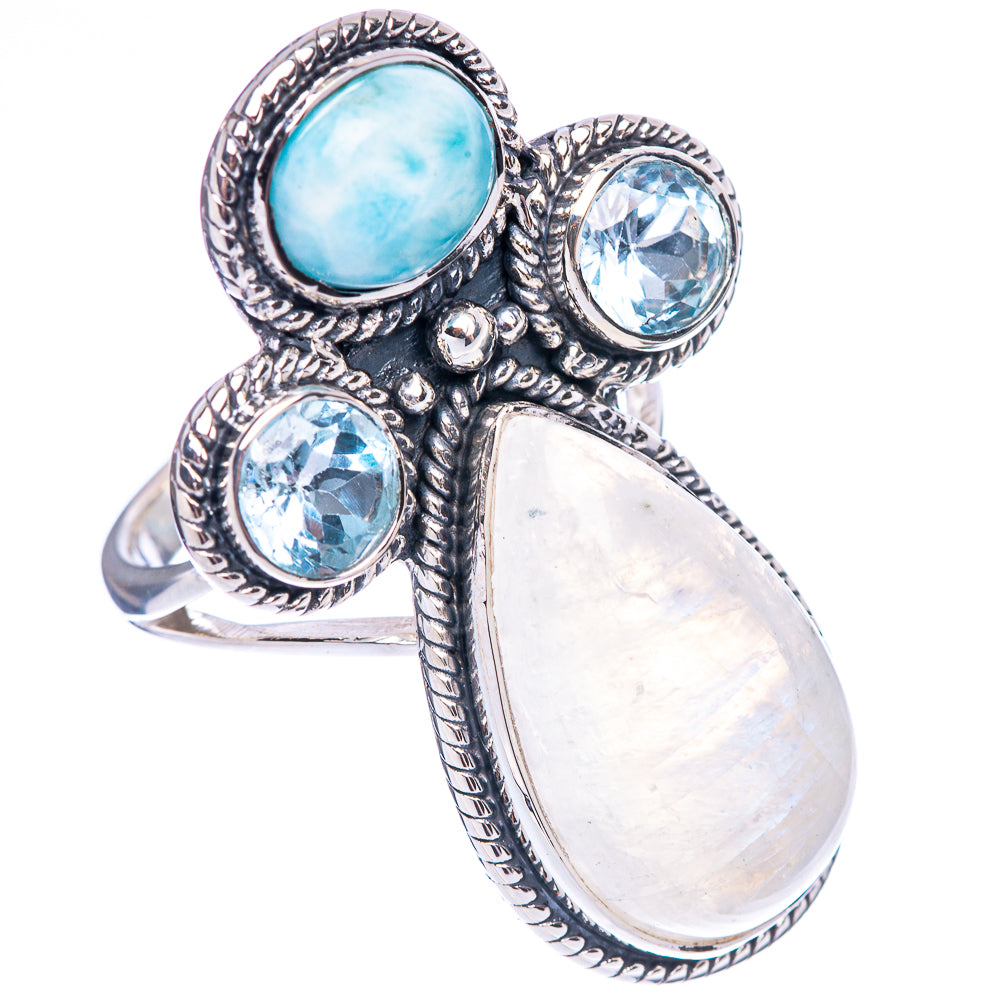 Signature Rainbow Moonstone, Larimar, Blue Topaz Ring Size 7.75 (925 Sterling Silver) R1791