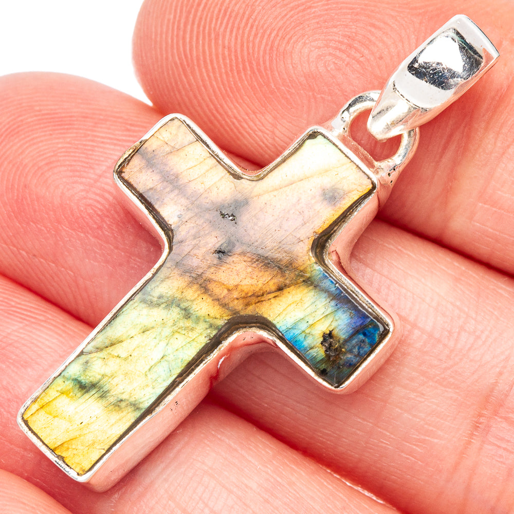 Carved Labradorite Cross Pendant 1 1/2" (925 Sterling Silver) P44158