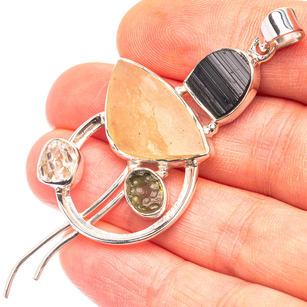 Signature Libyan Desert Glass, Black Tourmaline, Herkimer Diamond, Czech Moldavite Pendant 2 5//8" (925 Sterling Silver) P38724