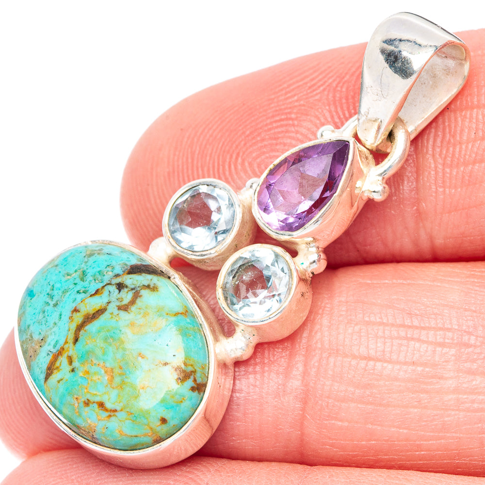 Rare Kingman Turquoise, Blue Topaz Pendant 1 1/2" (925 Sterling Silver) P41019