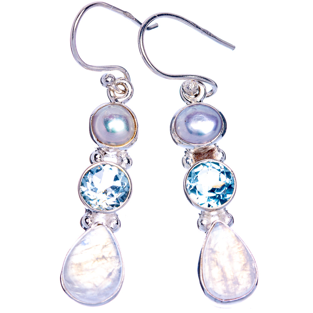 Rainbow Moonstone, Blue Topaz, Cultured Pearl Earrings 1 5/8" (925 Sterling Silver) E433532