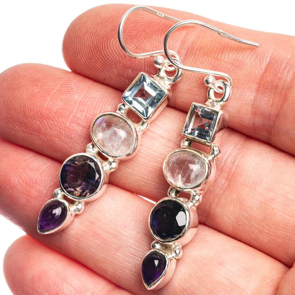 Rainbow Moonstone, Blue Topaz, Tanzanite, Amethyst 925 Sterling Silver Earrings 1 7/8"