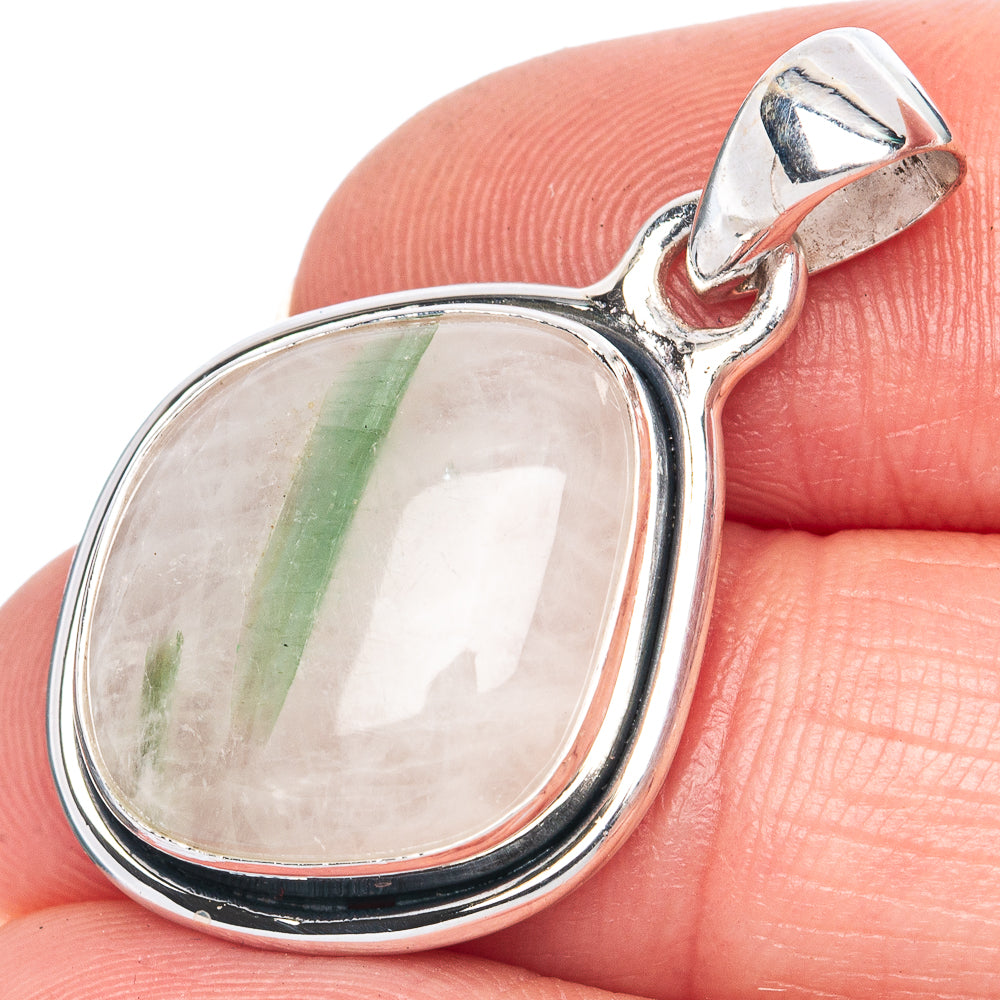 Green Tourmaline In Quartz Pendant 1 1/4" (925 Sterling Silver) P41463