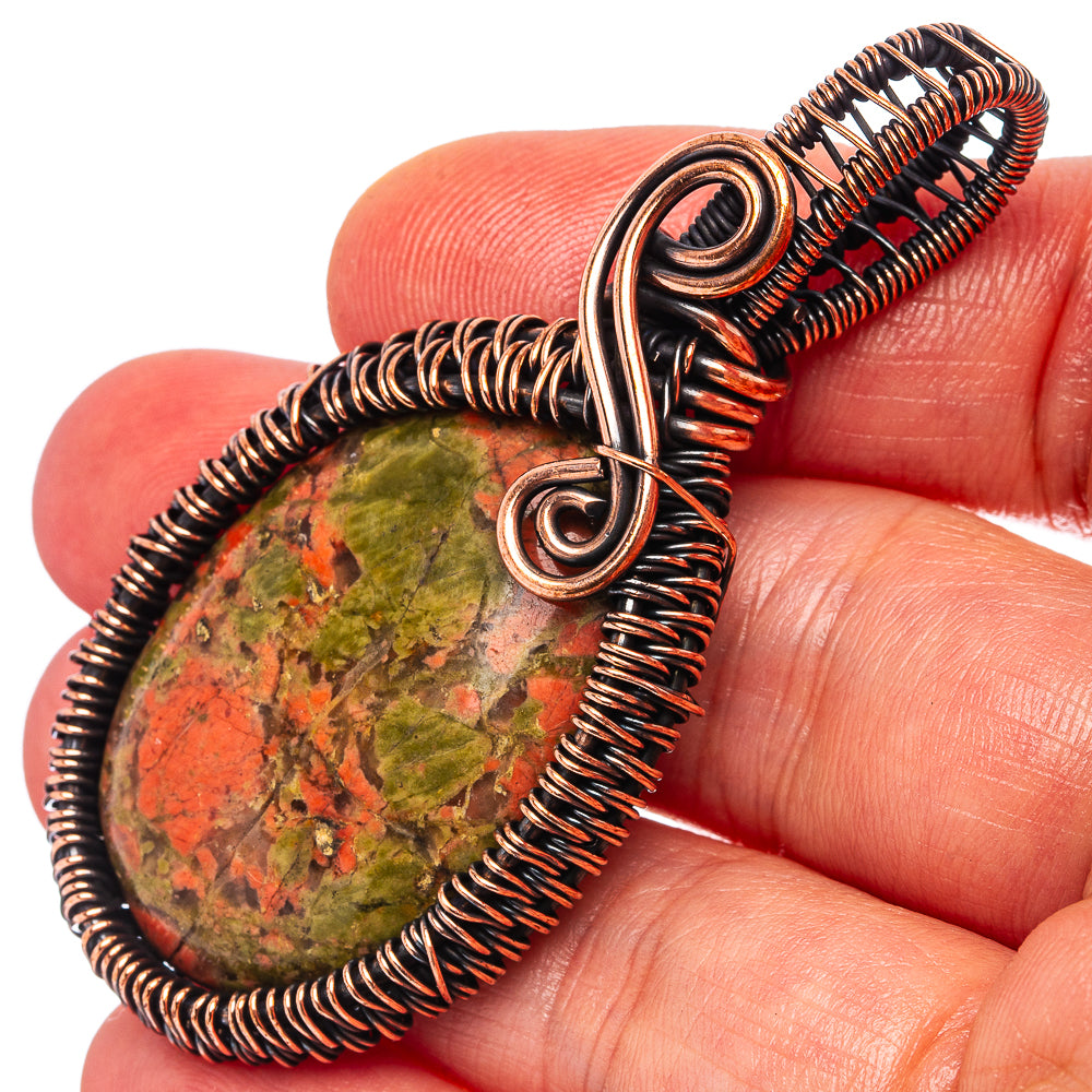 Unakite Wire Wrap Pendant 2 3/8" (Oxidized Copper)