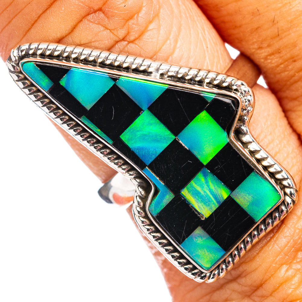 Premium Black Onyx & Aurora Opal Lightning Bolt Ring Size 8 (.925 Sterling Silver)