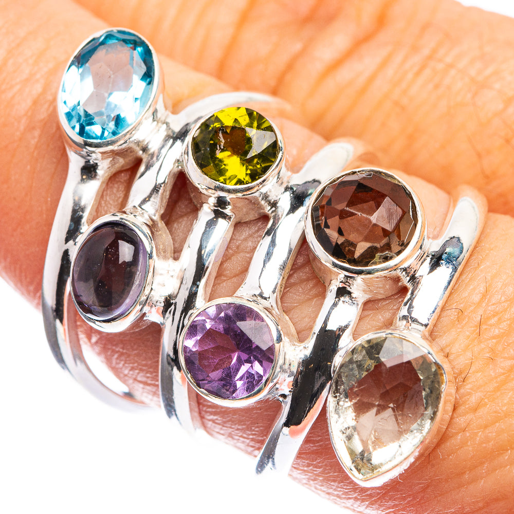 Large Blue Topaz, Tanzanite, Peridot, Amethyst, Smoky Quartz, White Quartz Ring Size 8 (925 Sterling Silver) R143185