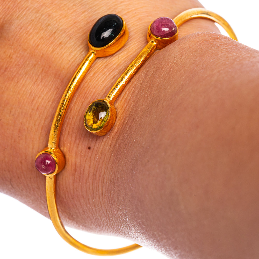 Black Onyx, Pink Tourmaline, Peridot Cuff Bracelet 7 To 8" (925 Sterling Silver) BR90343