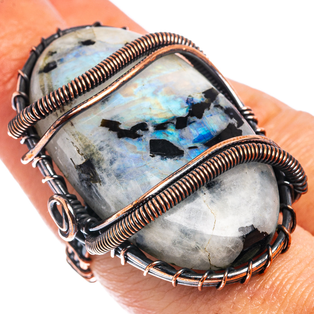 Rainbow Moonstone In Black Tourmaline Wire Wrap Ring Size 6.5 (Oxidized Copper)