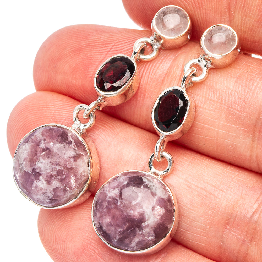 Lepidolite, Garnet, Rainbow Moonstone 925 Sterling Silver Earrings 1 1/2" (925 Sterling Silver) E2133