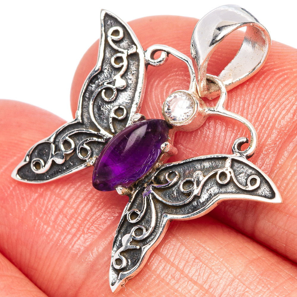 Amethyst, White Quartz Butterfly Dainty Pendant 1" (925 Sterling Silver) P43543