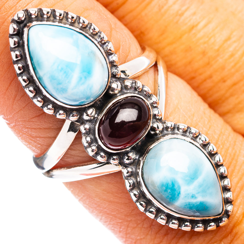 Premium Larimar, Garnet Ring Size 8 (.925 Sterling Silver)