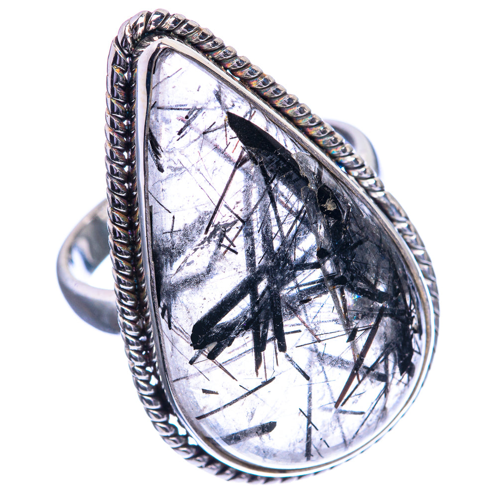 Large Tourmalinated Quartz 925 Sterling Silver Ring Size 8.5