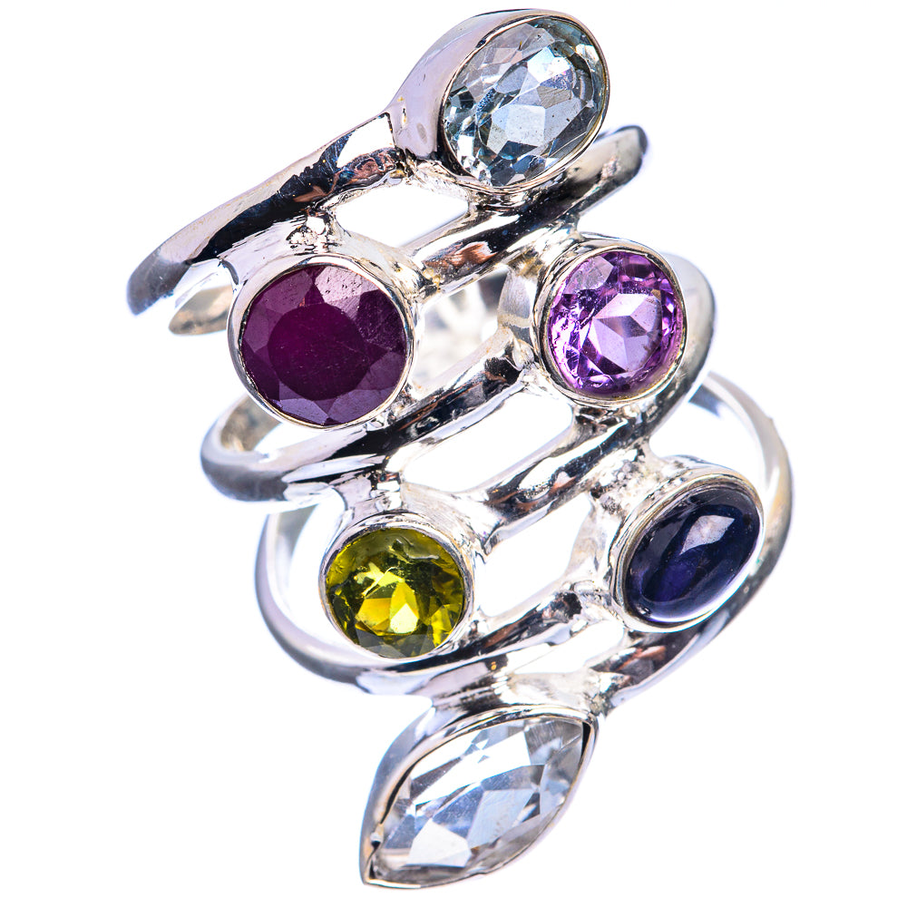 Large Blue Topaz, Ruby, Amethyst, Peridot, Black Onyx, White Quartz Ring Size 7.5 (925 Sterling Silver) R143047
