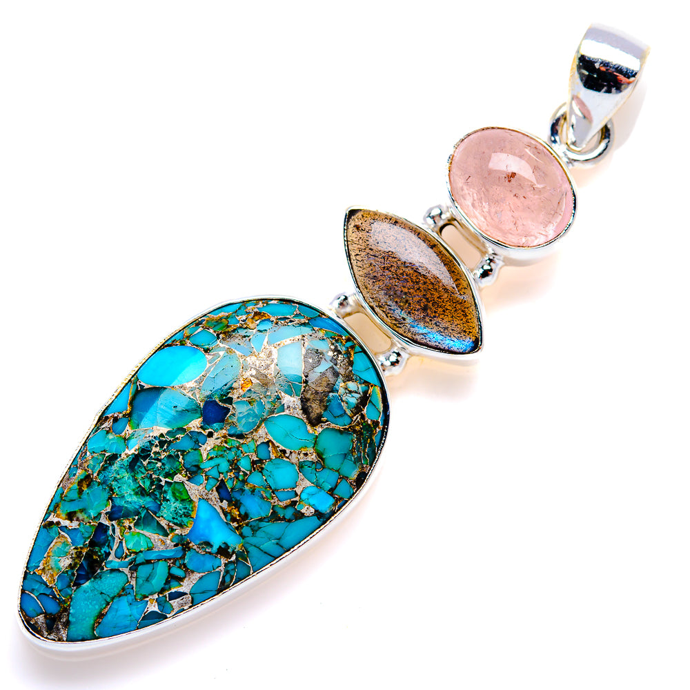 Blue Copper Composite Turquoise, Labradorite, Rose Quartz Pendant 2 1/2" (925 Sterling Silver) PD38129