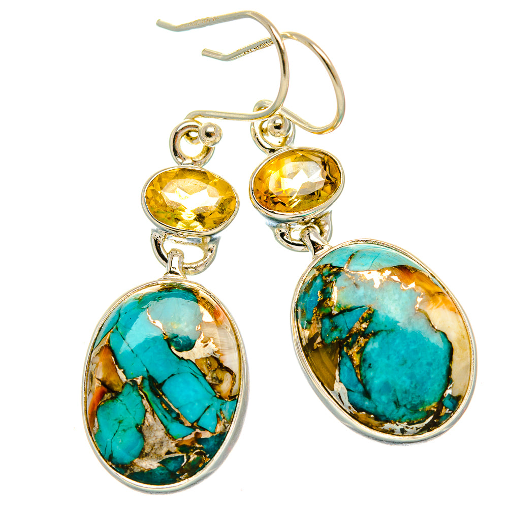 Spiny Oyster Turquoise, Citrine Earrings 1 3/4" (925 Sterling Silver) EARR432000