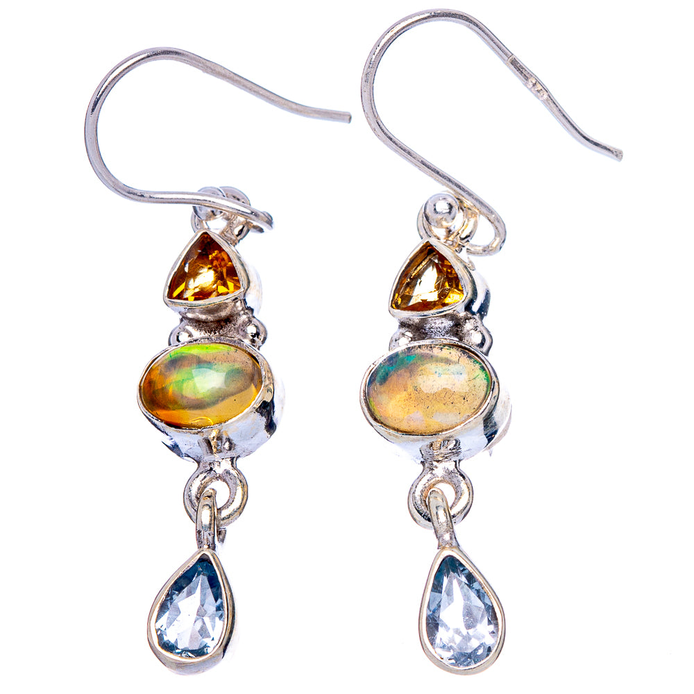 Rare Ethiopian Opal, Blue Topaz, Citrine Earrings 1 5/8" (925 Sterling Silver) E1796