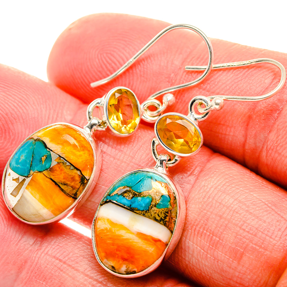 Spiny Oyster Turquoise, Citrine Earrings 1 3/4" (925 Sterling Silver) EARR432025