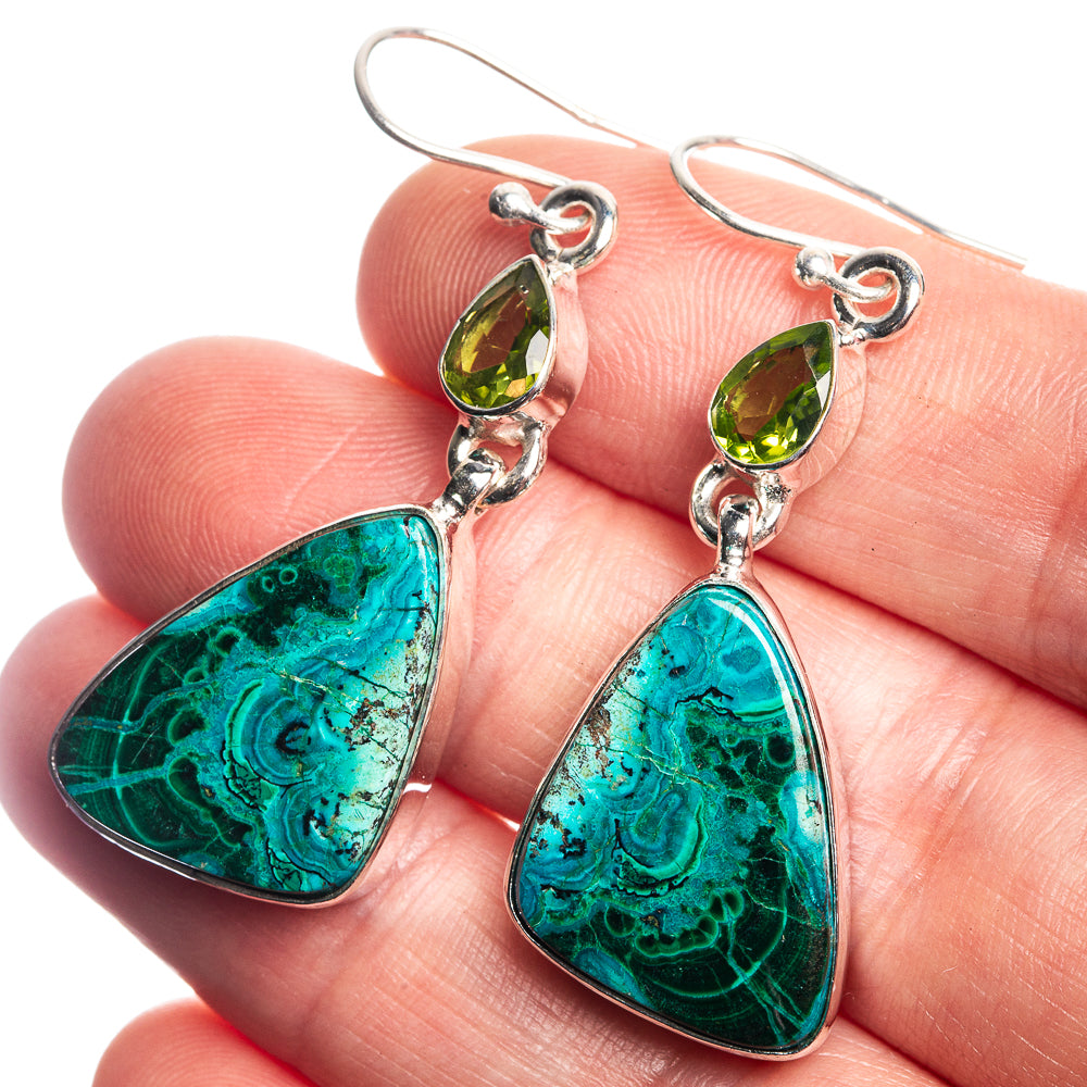 Malachite In Chrysocolla, Peridot 925 Sterling Silver Earrings 1 7/8"