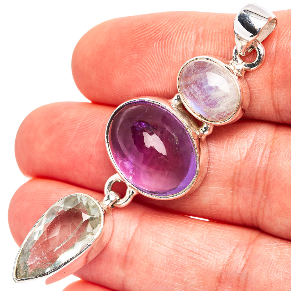 Premium Green Amethyst, Amethyst, Rainbow Moonstone Pendant 2 3/8" (.925 Sterling Silver)
