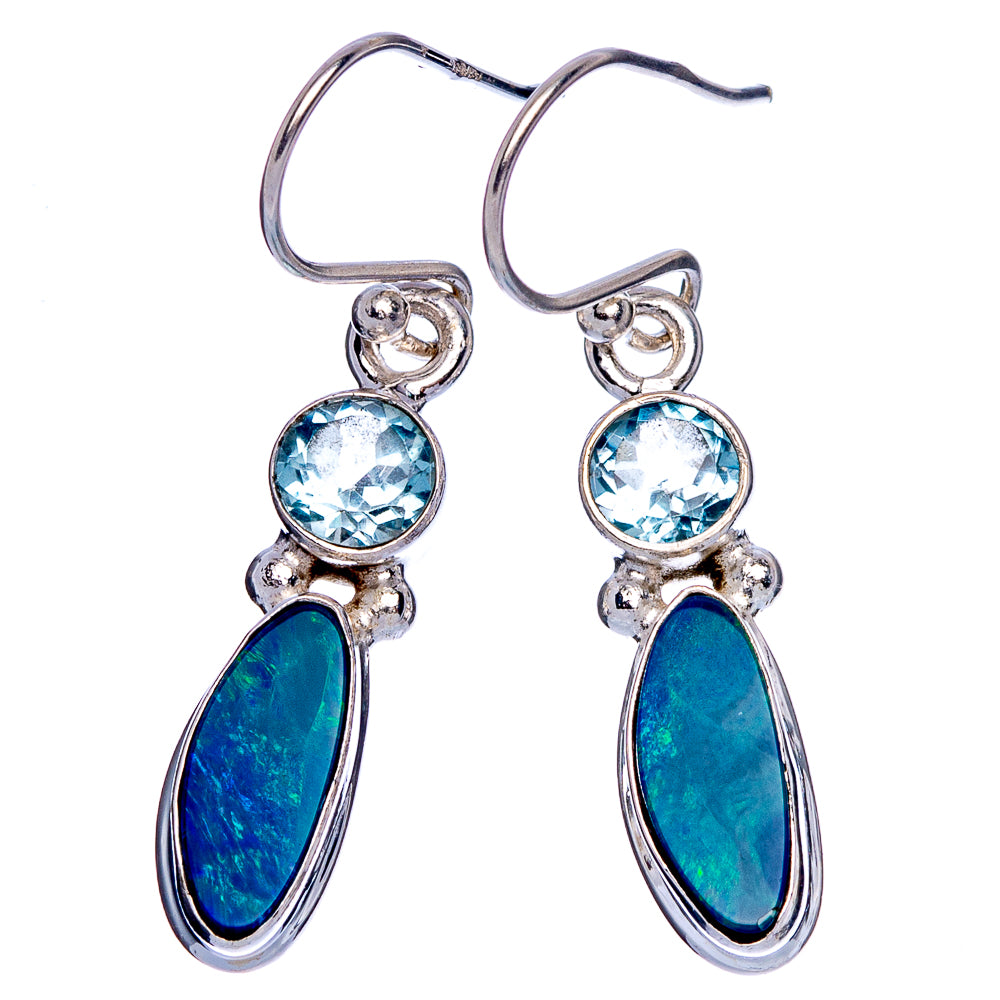 Fire Opal, Blue Topaz Earrings 1 3/8" (925 Sterling Silver) E433222