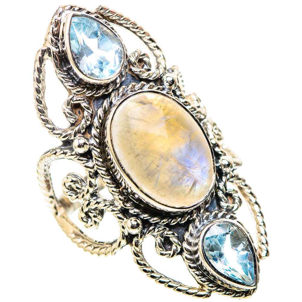Signature Large Rainbow Moonstone, Blue Topaz Ring Size 8 (925 Sterling Silver) RING138306