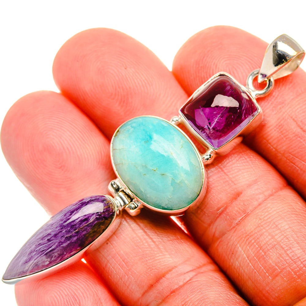 Larimar, Charoite, Amethyst 925 Sterling Silver Pendant 2 1/2" (925 Sterling Silver) PD38350