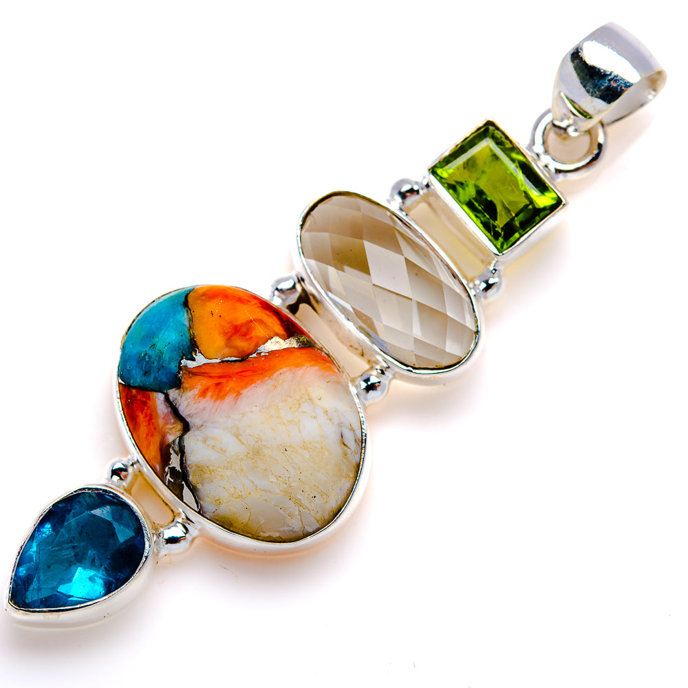 Spiny Oyster Turquoise, White Quartz, Apatite, Peridot Pendant 2 1/4" (925 Sterling Silver) PD38082