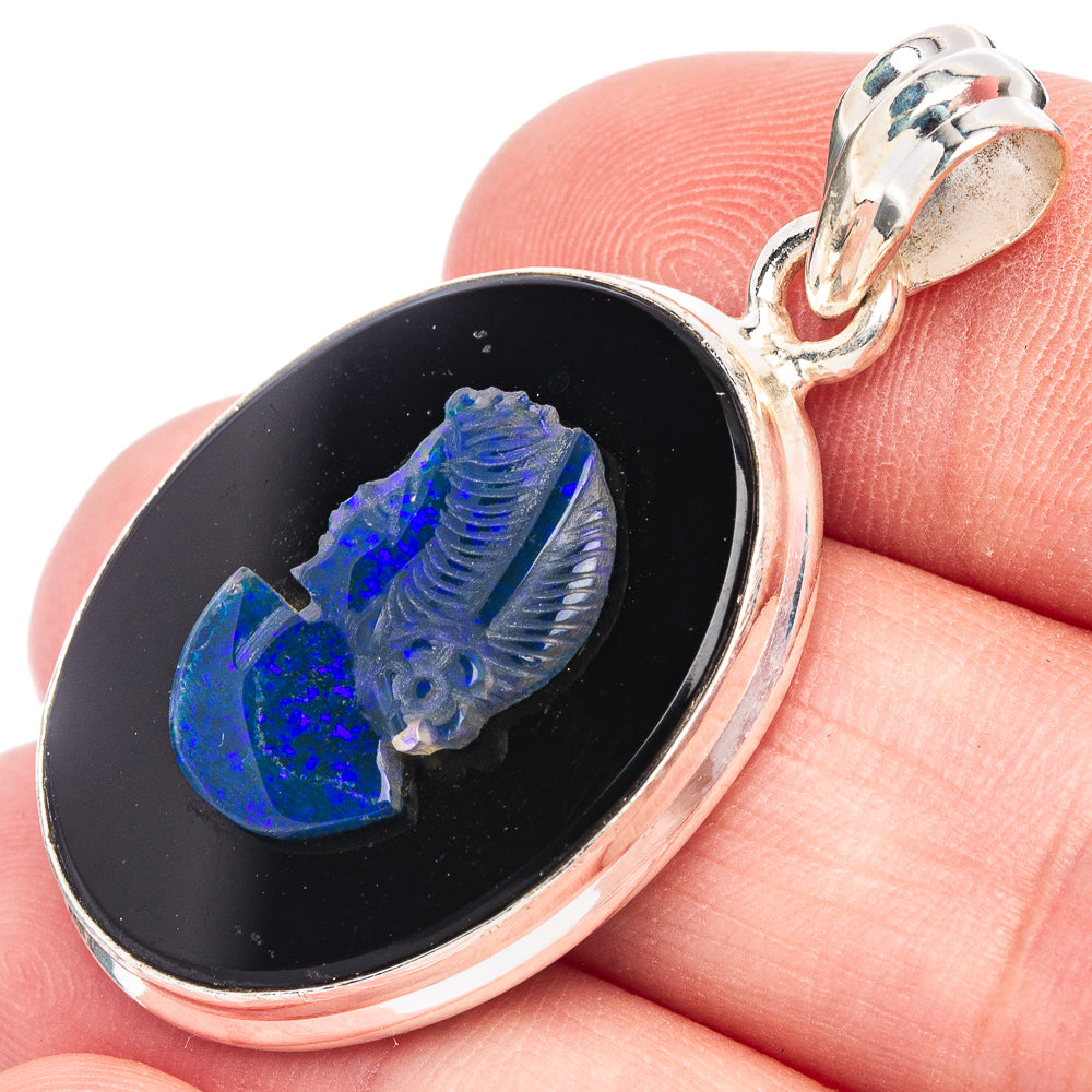 Carved Opal Lady Cameo On Black Onyx Pendant 1 1/2" (925 Sterling Silver) P44622