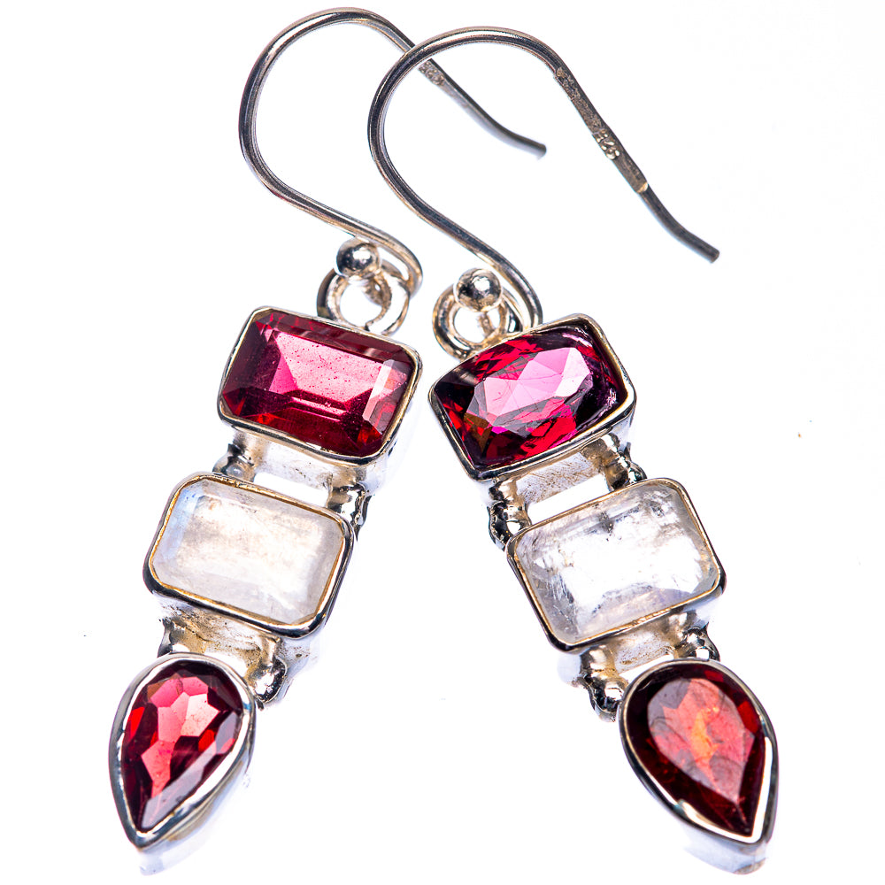 Rainbow Moonstone, Garnet Earrings 1 5/8" (925 Sterling Silver) E432771