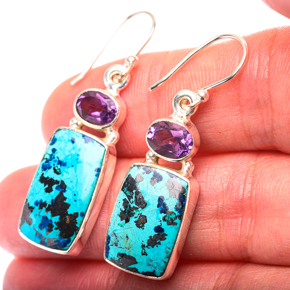 Shattuckite, Amethyst Earrings 1 1/2" (925 Sterling Silver) EARR432202