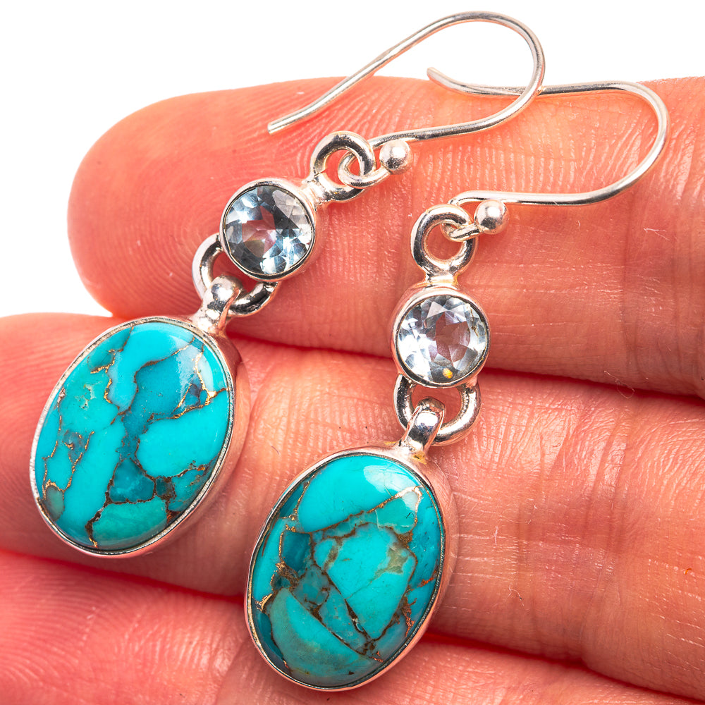 Blue Copper Composite Turquoise, Blue Topaz Earrings 1 5/8" (925 Sterling Silver) E432401