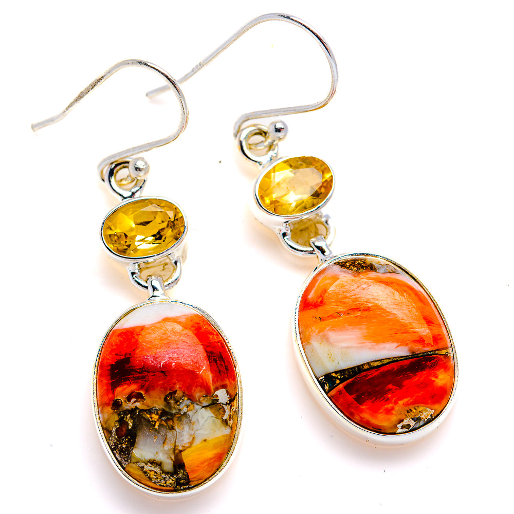 Spiny Oyster Turquoise, Citrine Earrings 1 3/4" (925 Sterling Silver) EARR432096