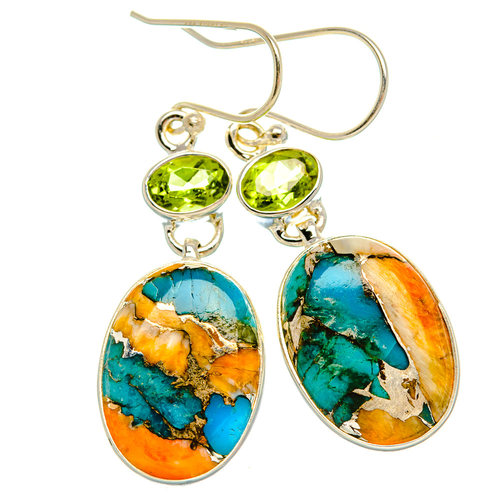 Spiny Oyster Turquoise, Peridot Earrings 1 3/4" (925 Sterling Silver) EARR432064