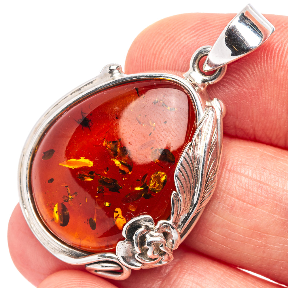 Baltic Amber Rose Pendant 1 5/8" (.925 Sterling Silver)