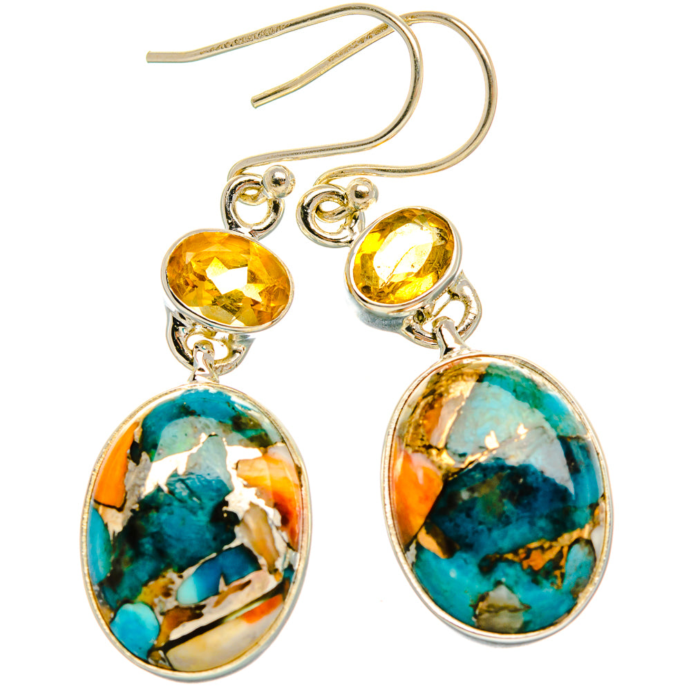Spiny Oyster Turquoise, Citrine Earrings 1 5/8" (925 Sterling Silver) EARR432004