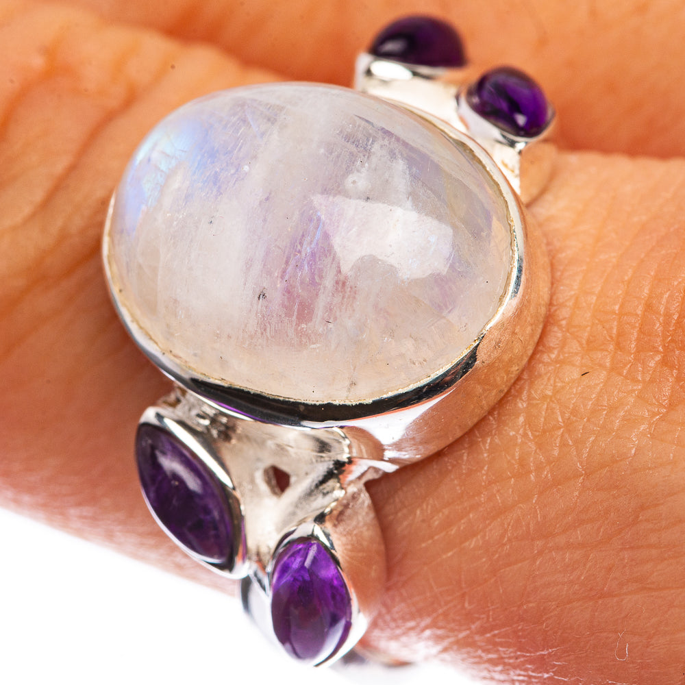 Rainbow Moonstone, Amethyst 925 Sterling Silver Ring Size 9