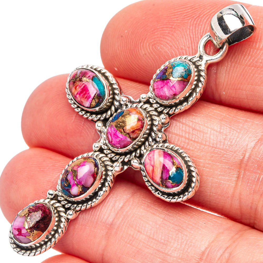 Kingman Pink Dahlia Turquoise Cross Pendant 2" (925 Sterling Silver) P43144