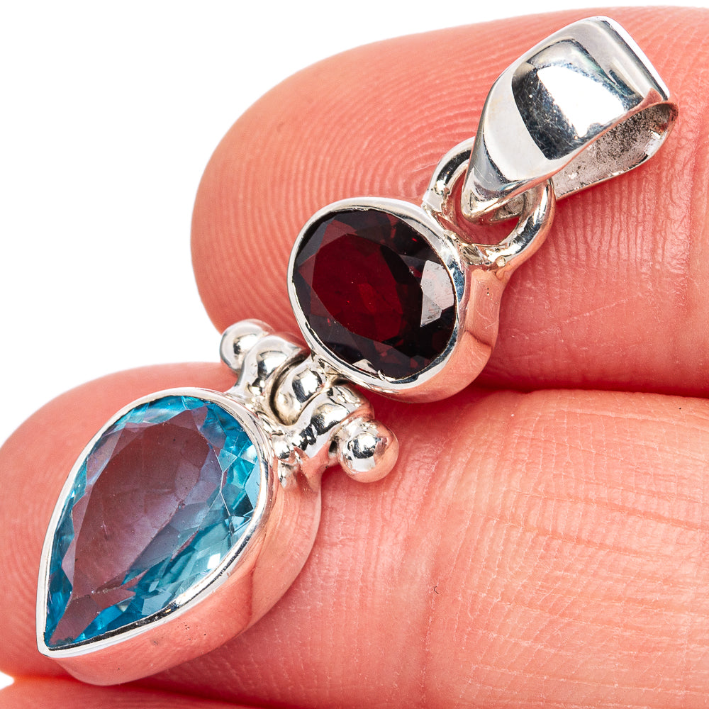 Blue Topaz, Garnet Pendant 1 3/8" (925 Sterling Silver) P42134