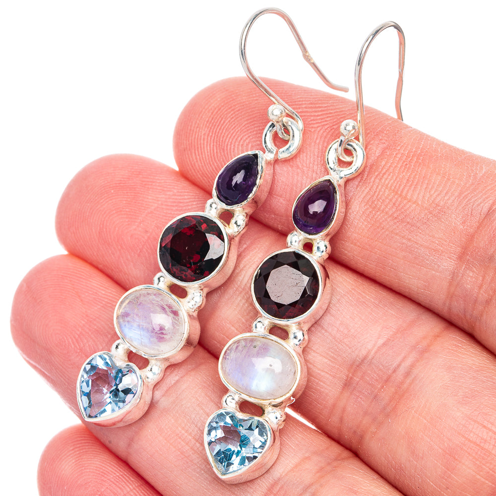 Rainbow Moonstone, Garnet, Amethyst, Blue Topaz Earrings 2" (925 Sterling Silver) E433108