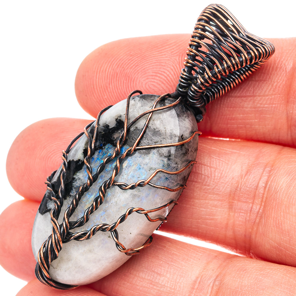 Rainbow Moonstone with Black Tourmaline Tree of Life Pendant 2" (Oxidized Copper)