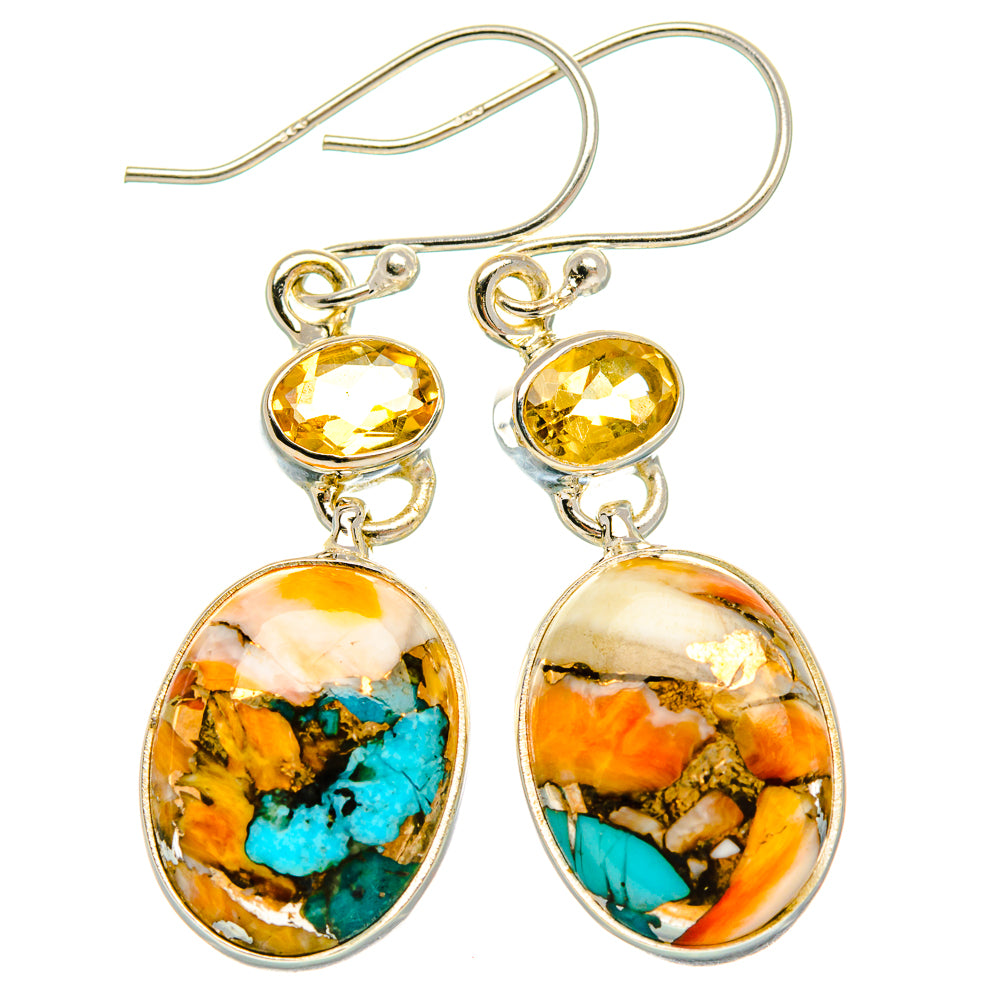 Spiny Oyster Turquoise, Citrine Earrings 1 3/4" (925 Sterling Silver) EARR431999