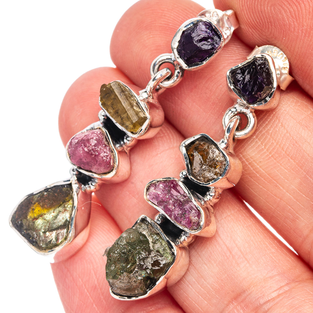 Green Tourmaline, Pink Tourmaline, Tanzanite 925 Sterling Silver Earrings 1 3/8" (925 Sterling Silver) E2143