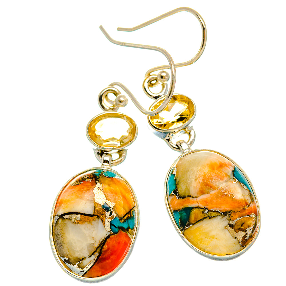 Spiny Oyster Turquoise, Citrine Earrings 1 3/4" (925 Sterling Silver) EARR432053