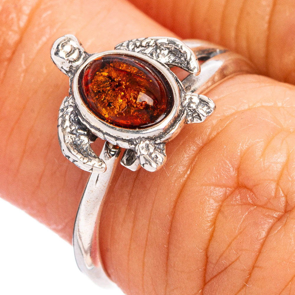 Baltic Amber Sea Turtle Ring Size 6 Adjustable (.925 Sterling Silver)