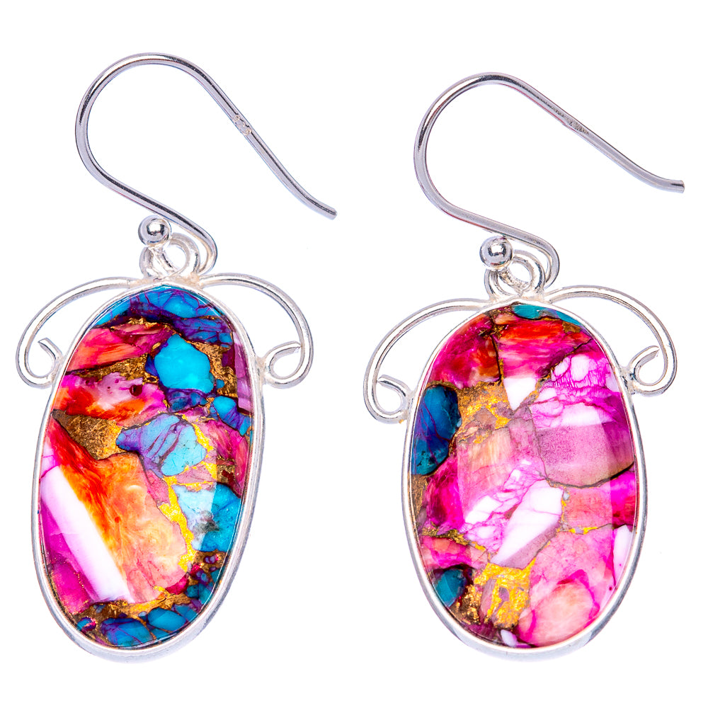 Kingman Pink Dahlia Turquoise Earrings 1 3/8" (925 Sterling Silver) E1263