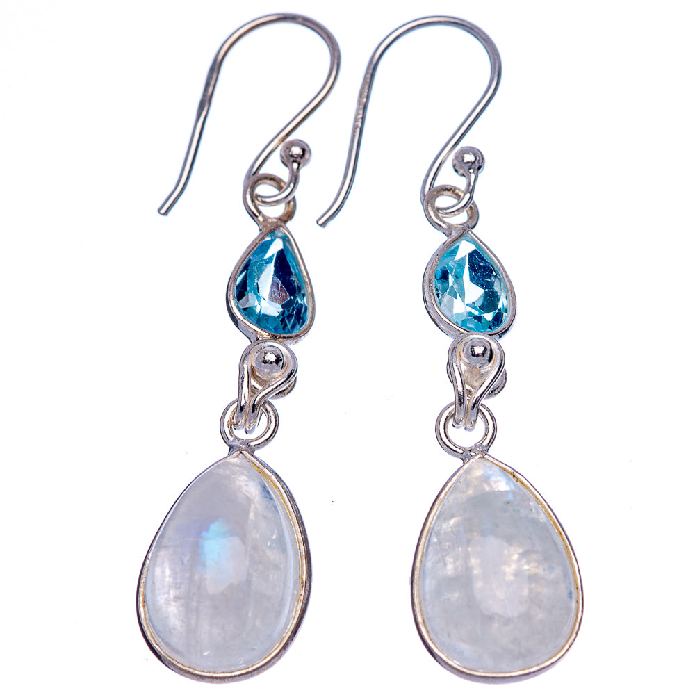 Rainbow Moonstone, Blue Topaz Earrings 1 3/4" (925 Sterling Silver) E433322