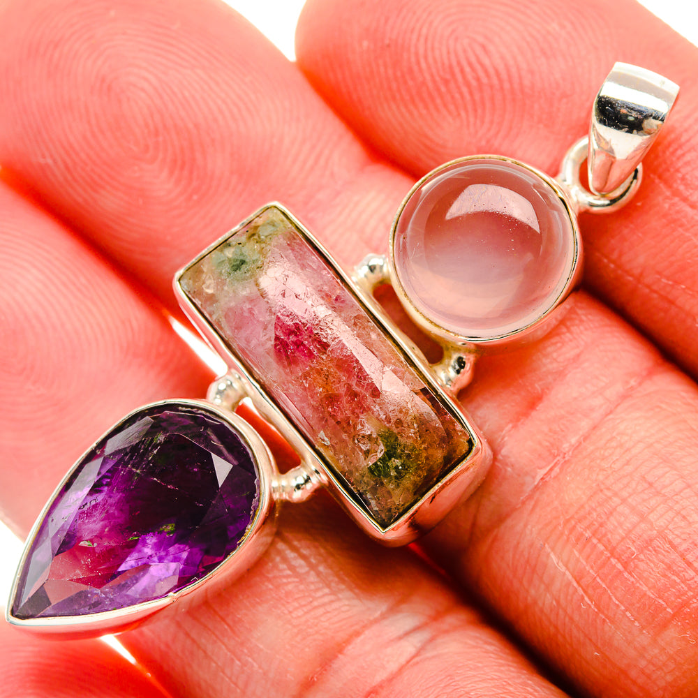 Natural Tourmaline, Amethyst, Rose Quartz Pendant 2" (925 Sterling Silver) PD38091